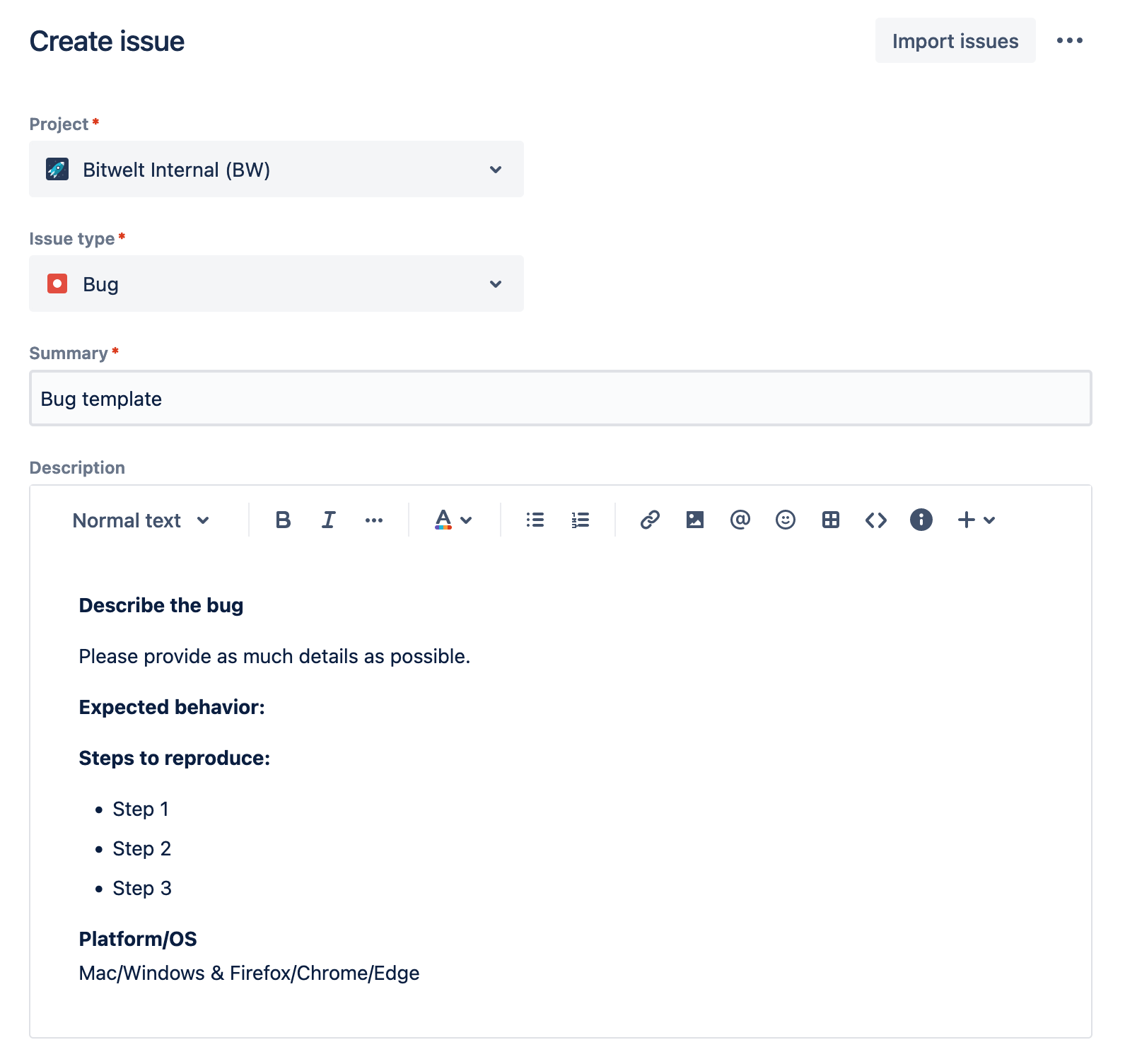 Issue Template for Jira - Bug template example