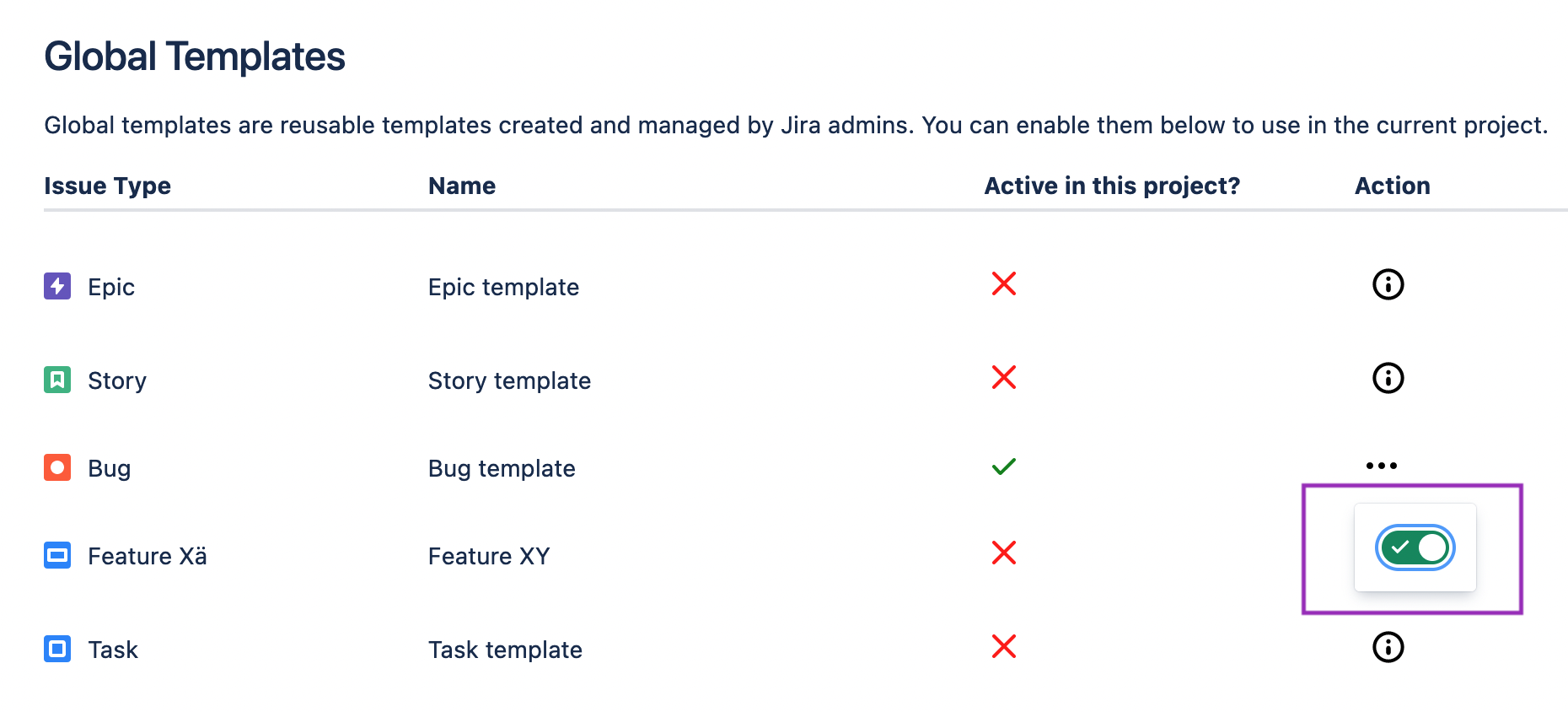 Enable global templates in a project - Issue Template for Jira